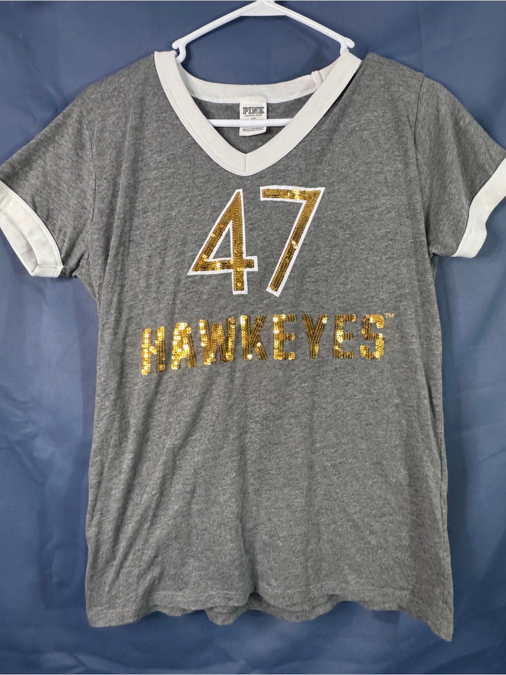 PINK Victoria's Secret Gray V-Neck Hawkeyes Sequin Tee